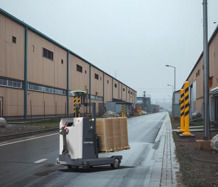 Autonomer Cartken Mover-Palettenhubwagen navigiert bei trübem Wetter. (Foto: Cartken GmbH)
